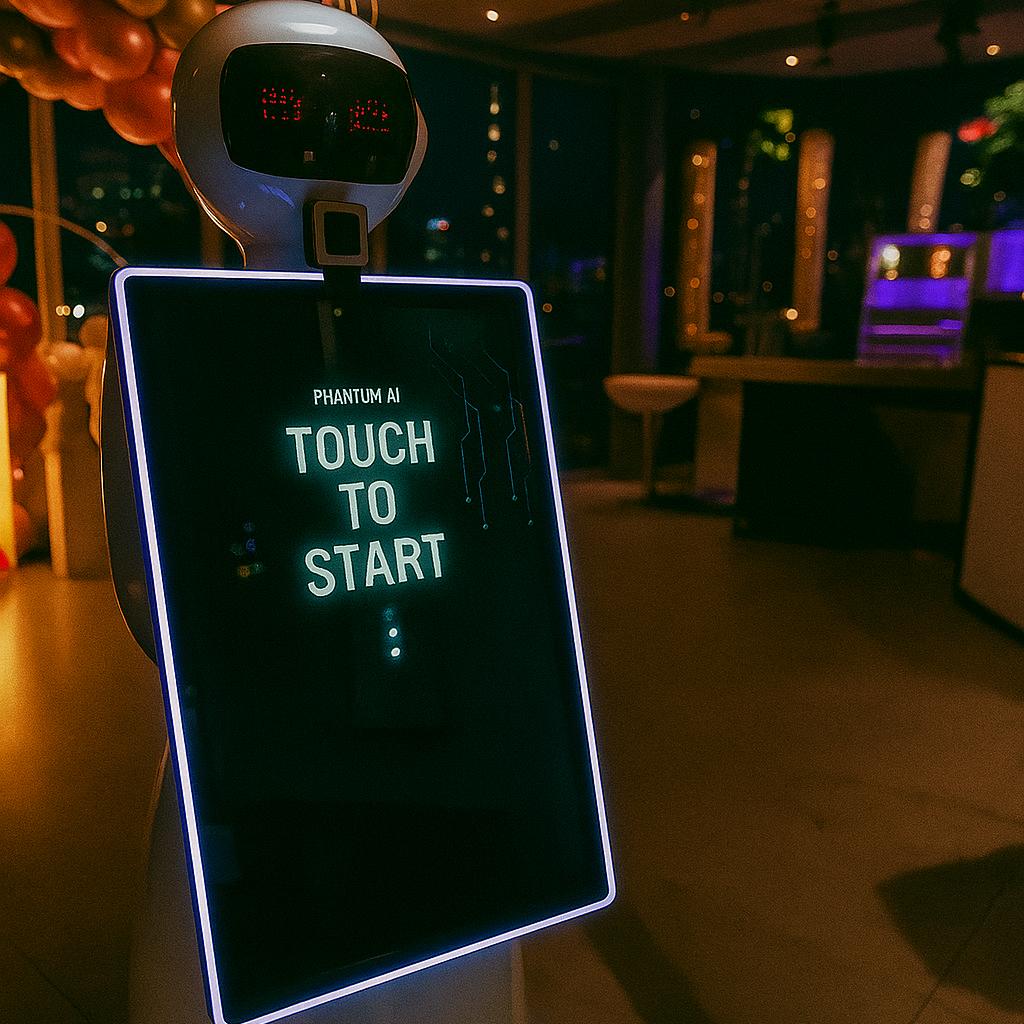 AI Robot Photo Booth at Dubai exhibition capturing branded, AI-enhanced photos for corporate event attendees in a vibrant, tech-driven setting
